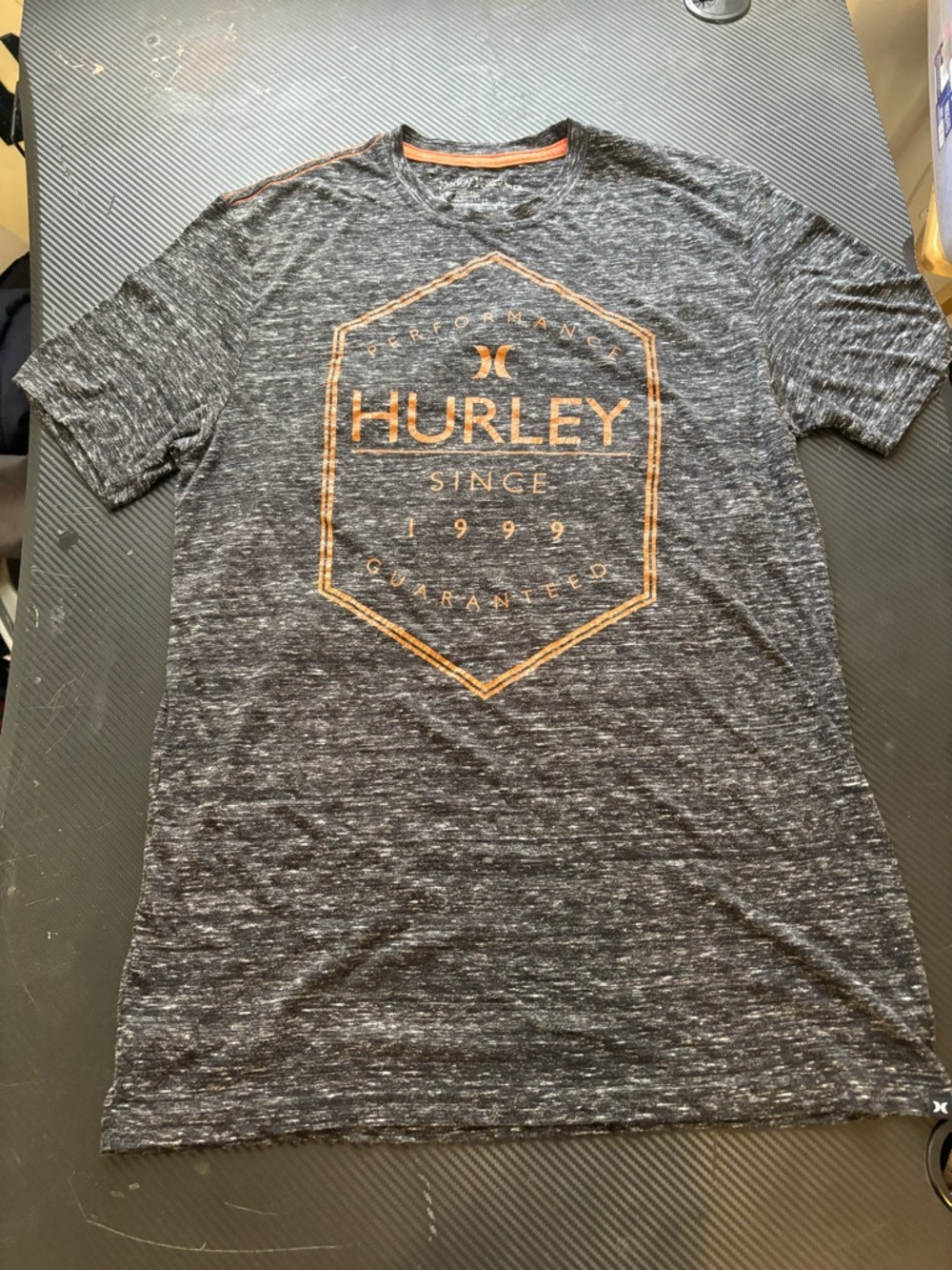 Hurley Men’s Gray Heather Graphic T-Shirt with Orange Logo Size L MEASUR SHOWN